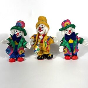 3 Vtg Psychedelic Clown Dolls 7" Porcelain Colorful Posable Whimsy Lot Set NWOT